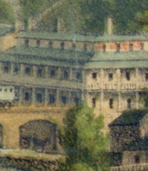 In this early drawing the hotels proximity to the railroad is clearly depicted. the building's wrap around balconies make it easily identifiable in other images.
