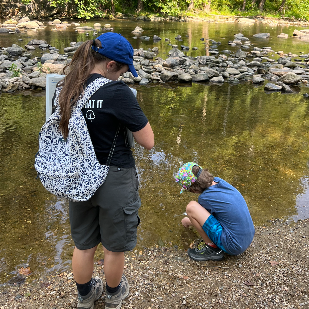 Two water quality monitors stand near a stream testing the water and taking notes.